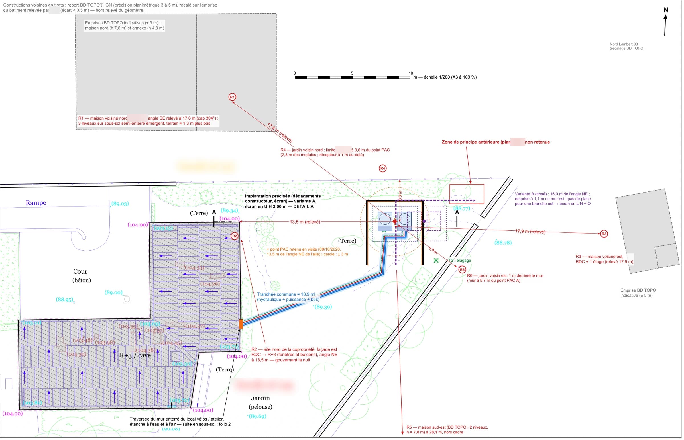 Plan de masse : immeuble, jardin, groupe de pompes à chaleur dans son écran en U, tranchée vers le sous-sol et points de calcul acoustique R1 à R6