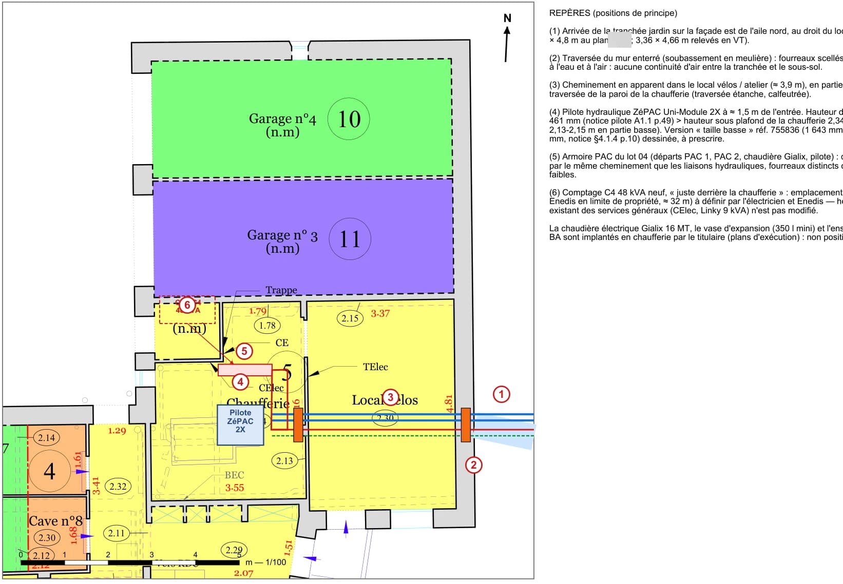 Plan du sous-sol : arrivée de la tranchée, traversée du mur enterré, cheminement dans le local vélos, pilote hydraulique et armoire en chaufferie